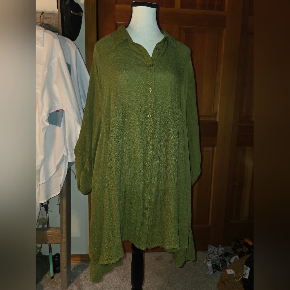 Chicsoul Green 3/4 Sleeve Tiered Button Up Flowy Blouse Size 3X